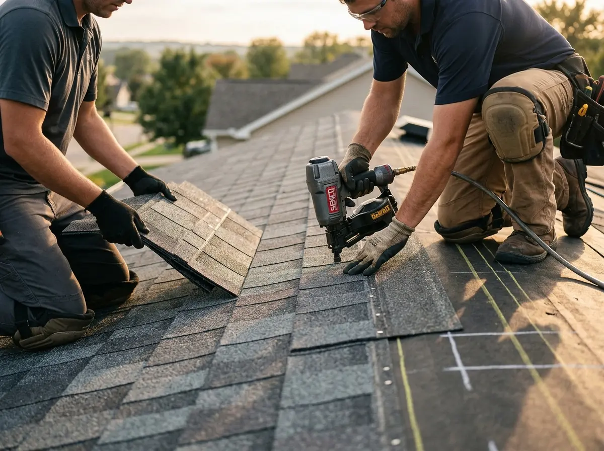 Professional roofer working on a residential roof in West St. Paul